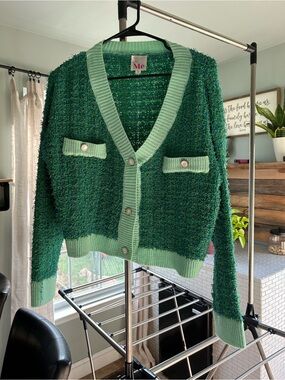ME Makeover Essentials Emerald Green Textured Cardigan with Mint Trim